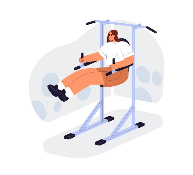 Mujer entrenando abdominales haciendo silla romana colgando levantando las piernas en el gimnasio Persona durante el entrenamiento deportivo ejercicio vertical de músculos abdominales Ilustración vectorial plana aislada en fondo blanco
