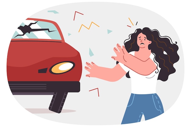 Una mujer entró en un accidente automovilístico debido a la violación de las reglas de tráfico se encuentra cerca de un automóvil roto