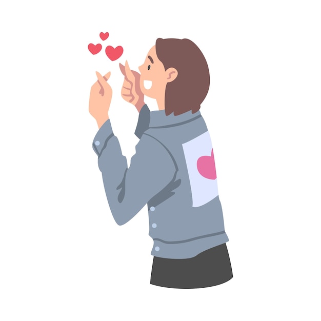 Mujer enviando corazón como seguidor y suscriptor de redes sociales mostrando la ilustración del vector de adoración