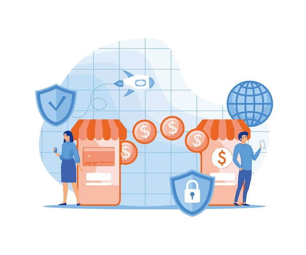 La mujer envió transferencias de monedas de dinero de la tarjeta de débito reposición de la tarjeta de crédito de la cuenta de saldo en la ilustración moderna del vector plano de Internet