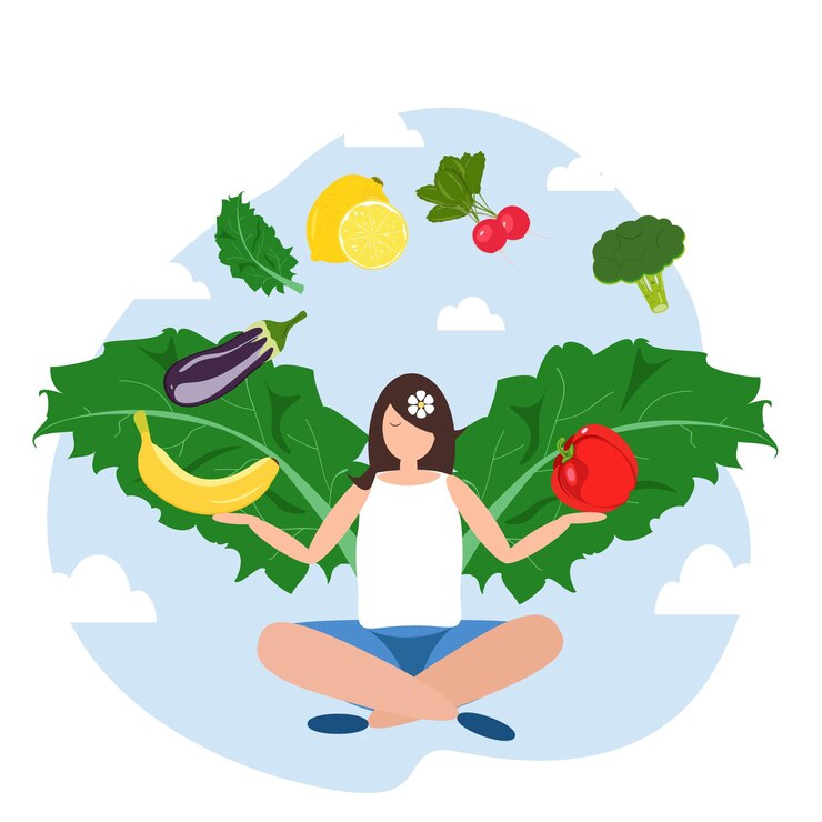 Vector mujer en equilibrio alimenticio con frutas y verduras