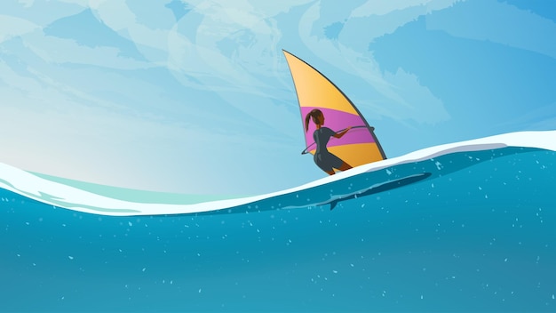 Mujer, equitación, en, windsurf, vista, en, flotación