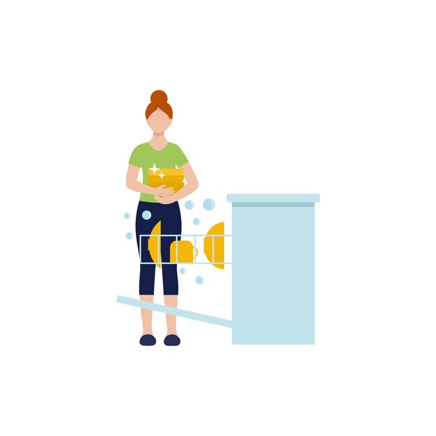 La mujer es un ama de casa que lava los platos en el lavavajillas. Personaje plano de vector femenino.
