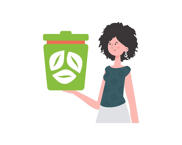La mujer es representada hasta la cintura y sosteniendo un bote de basura en su mano El concepto de ecología y reciclaje Estilo de personaje de moda aislado Vetcor