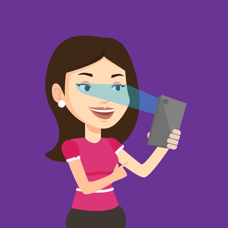 Vector mujer con escáner de iris para desbloquear el teléfono móvil.