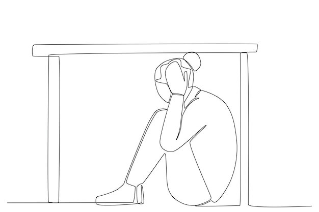 Una mujer se esconde con miedo debajo de la mesa Dibujo de una línea del terremoto