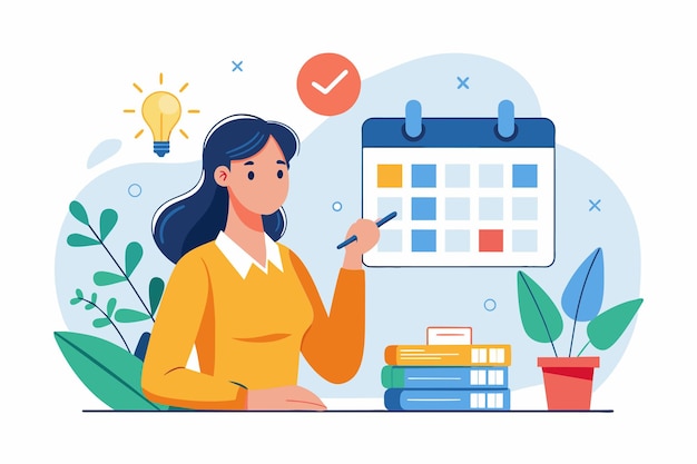 Vector una mujer está escribiendo activamente en un calendario haciendo una planificación de negocios dibujada a mano una mujer haciendo una programación de negocios dibuyada a mano con un calendario ilustración vectorial plana simple y minimalista