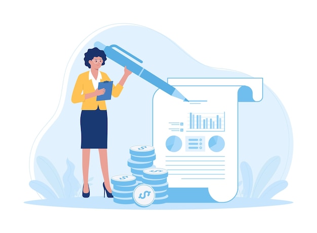 mujer escribiendo en papel infográfico concepto ilustración plana