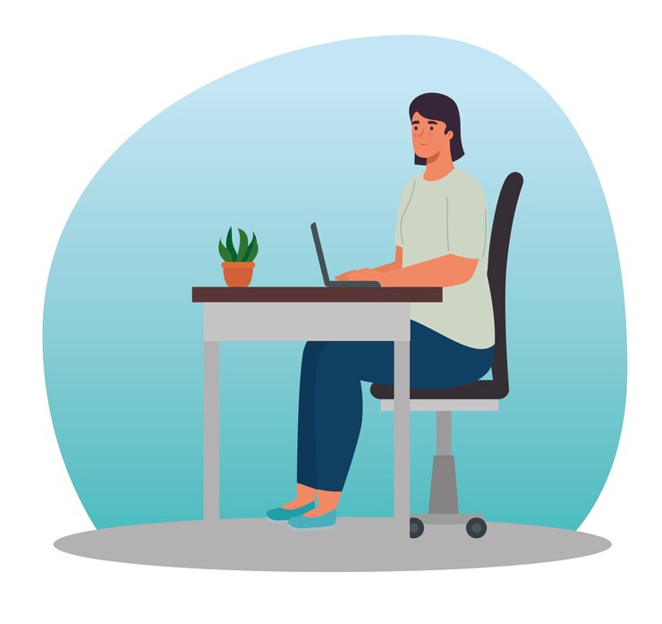 Vector mujer en escritorio con portátil en casa diseño de actividad y ocio