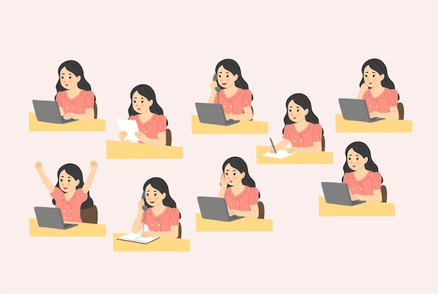 Mujer en el escritorio Serie de acciones con portátil