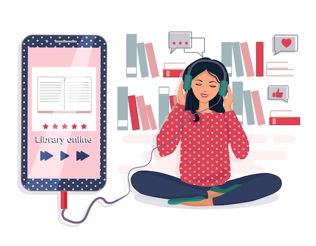 Vector una mujer escucha un audiolibro. el concepto de aprendizaje en línea. biblioteca electrónica. ilustración.