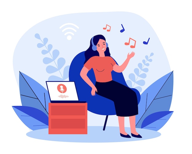 Mujer escuchando música desde un portátil en auriculares inalámbricos. Chica en silla con ilustración de vector plano de servicio de música. Música, concepto de tecnología para banner, diseño de sitios web o página web de destino