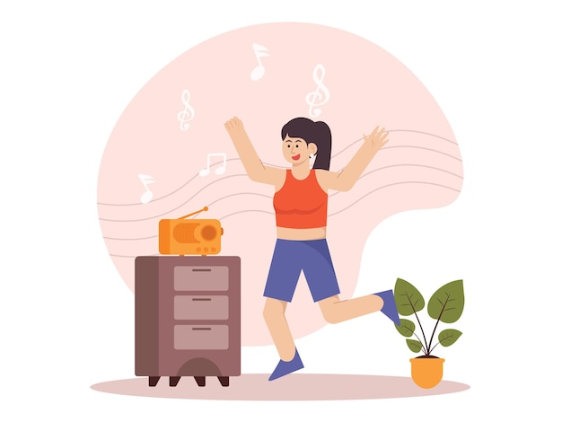 Vector mujer escuchando música en la radio mientras baila ilustración