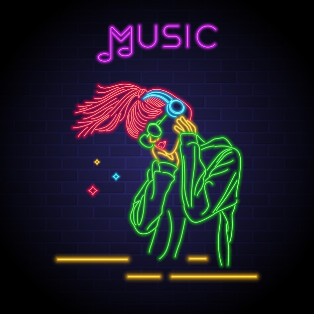 Mujer escuchando música con silueta de estilo neón
