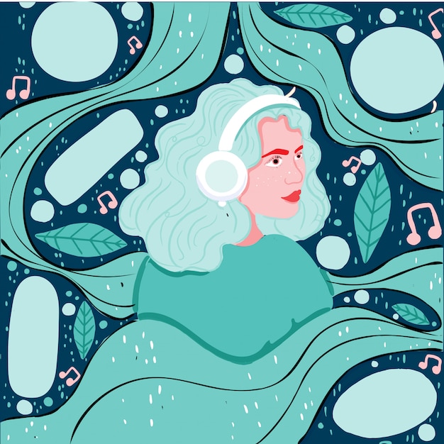 Mujer escuchando música en sus auriculares.