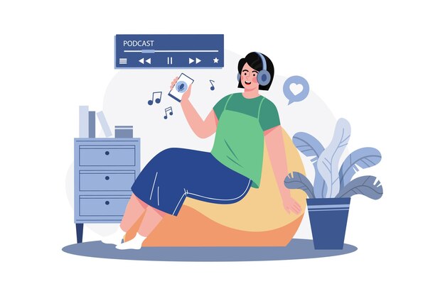 Mujer escuchando un podcast mientras está sentado en un puf