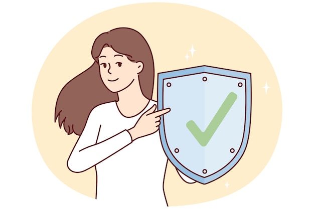 Mujer con escudo de metal demuestra que la web está protegida de virus imagen vectorial