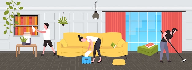 Mujer escurriendo trapo en balde hombre trapeando piso chico desempolvando familia haciendo tareas domésticas servicio de limpieza concepto moderno salón interior de cuerpo entero boceto horizontal