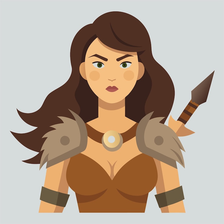 Vector una mujer con una espada y un escudo en la cabeza