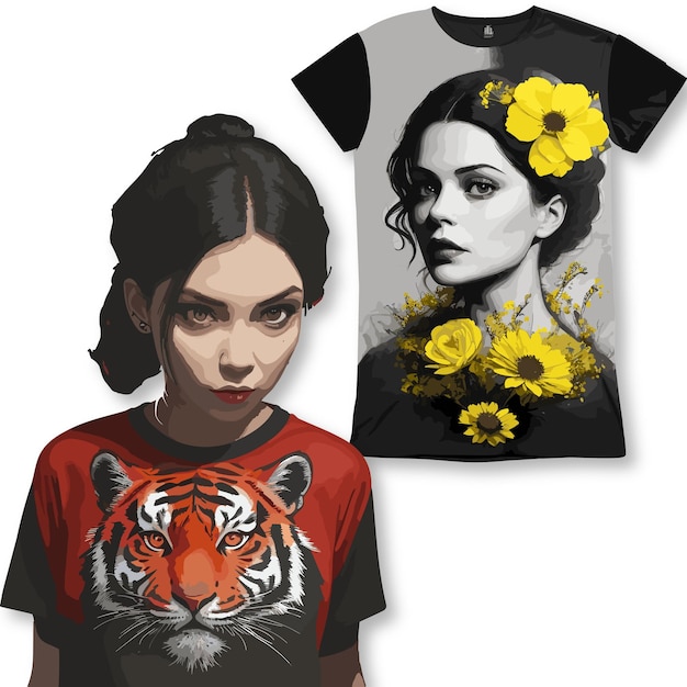 Vector mujer de espaldas vestida de negro con flor amarilla diseño de camiseta negra y blanca 2