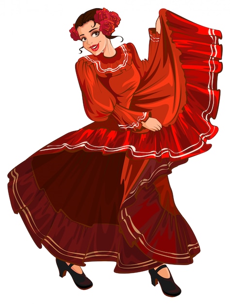 Vector mujer española en vestido rojo bailando