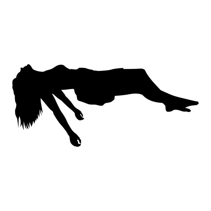 una mujer está al revés en un fondo blanco con una silueta negra de una mujer en su cadera