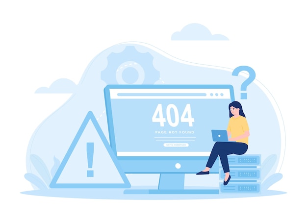 Una mujer está buscando errores de almacenamiento de datos Ilustración plana del concepto de tendencia de error 404