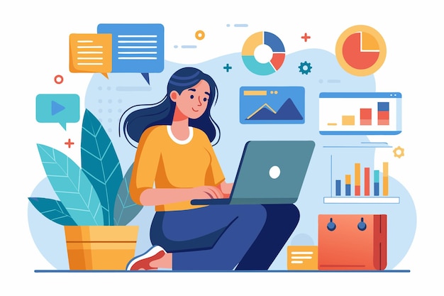 Una mujer está centrada en su computadora portátil analizando datos en medio de gráficos coloridos y una planta en maceta Mujer usando computadora portatil para analizar y almacenar datos en el sitio web ilustrado plano