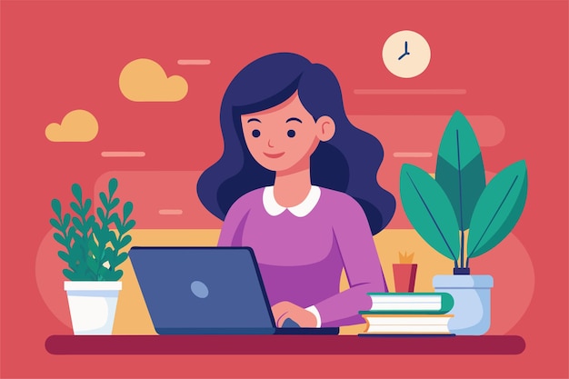 Una mujer está centrada en su computadora portátil sentada en un escritorio con plantas y libros creando un espacio de trabajo vibrante.
