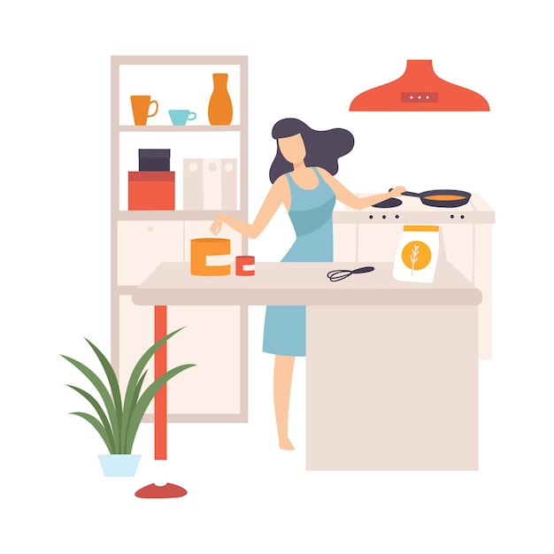 La mujer está cocinando en una sartén Ilustración vectorial