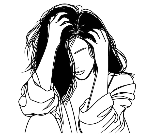 La mujer está confundida Esbozo Problemas de estrés triste y depresión concepto en estilo doodle
