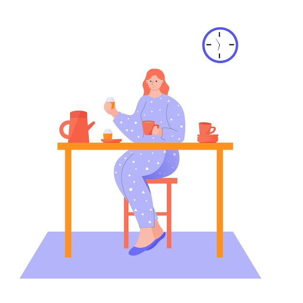 Una mujer está desayunando en casa. Personaje de dibujos animados femenino, ilustración vectorial plana. Hogar acogedor