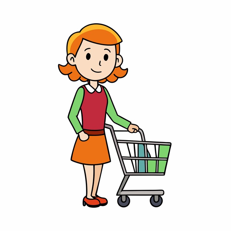 Vector una mujer está empujando un carrito de compras con una caja de regalos en él