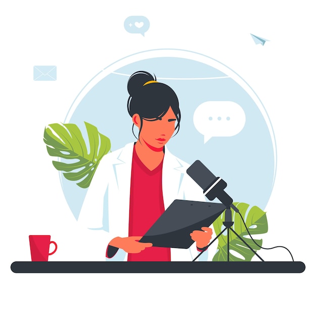 La mujer está grabando un podcast. Chica en auriculares hablando por un micrófono. El DJ de radio está transmitiendo en línea. Presentador de radio de persona alegre que entrevista a invitado, radiodifusión de medios de comunicación. Vector