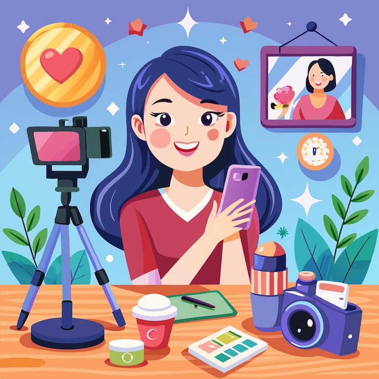 Vector una mujer está grabando un video en su teléfono mientras mira un espejo en la pared