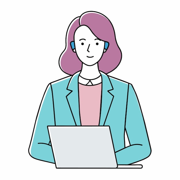 una mujer está hablando con una computadora portátil y una mujer está usando una chaqueta azul y rosa