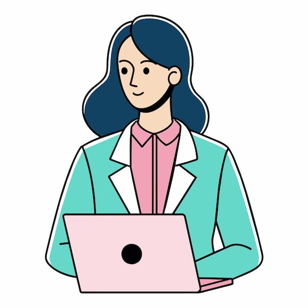 una mujer está hablando con una computadora portátil y una mujer está usando una chaqueta verde y rosa