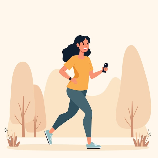 Una mujer está haciendo ejercicio con un teléfono inteligente y un reloj inteligente en el espacio del parque de la ciudad