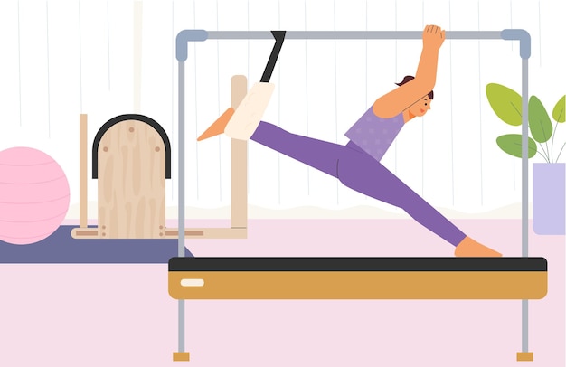 Una mujer está haciendo Pilates. ilustración vectorial de estilo de diseño plano.