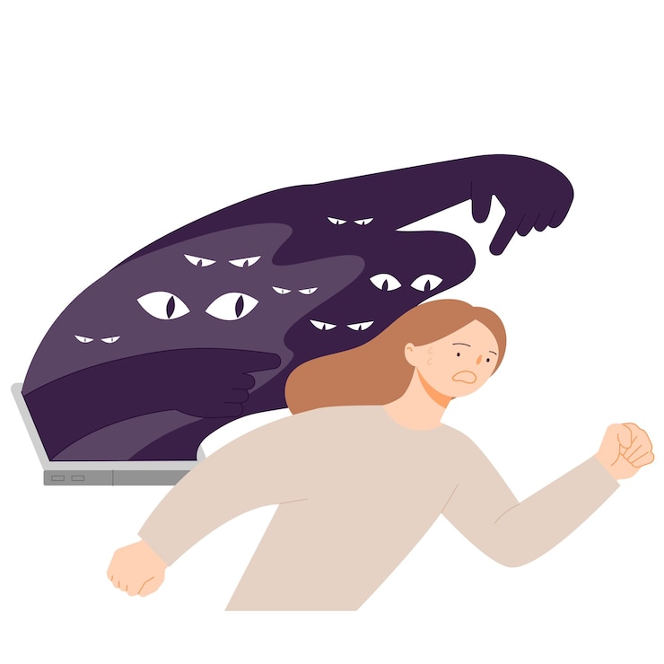 Vector una mujer está huyendo de los ojos de acusación simple ilustración vectorial