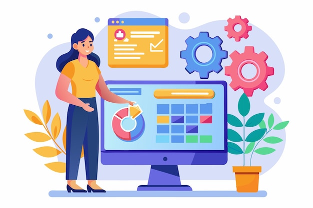 Una mujer está involucrada en la revisión de las características del sistema operativo de un sitio web mientras está de pie cerca de una mujer de computadora mirando el sistema operativo en un sitio web de mantenimiento web