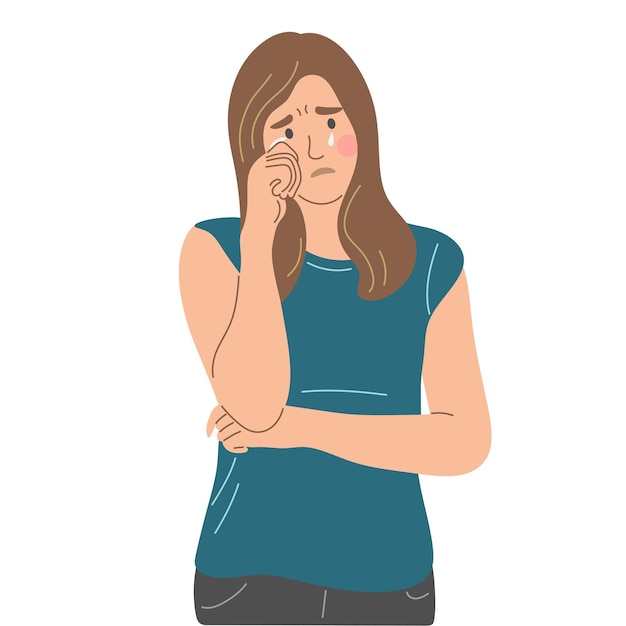 La mujer está llorando La niña se limpia una lágrima con la mano Retrato desde el frente hasta la cintura Ilustración vectorial plana
