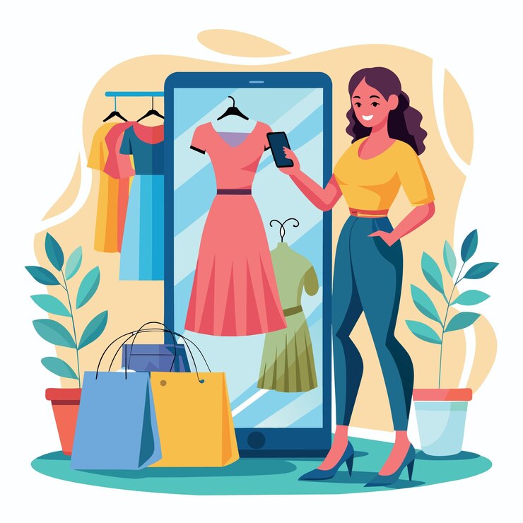 Vector una mujer está mirando una exhibición de ropa