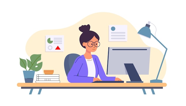 Una mujer está ocupada en su escritorio de computadora alegremente involucrada en su trabajo Se sienta en su PC de escritorio