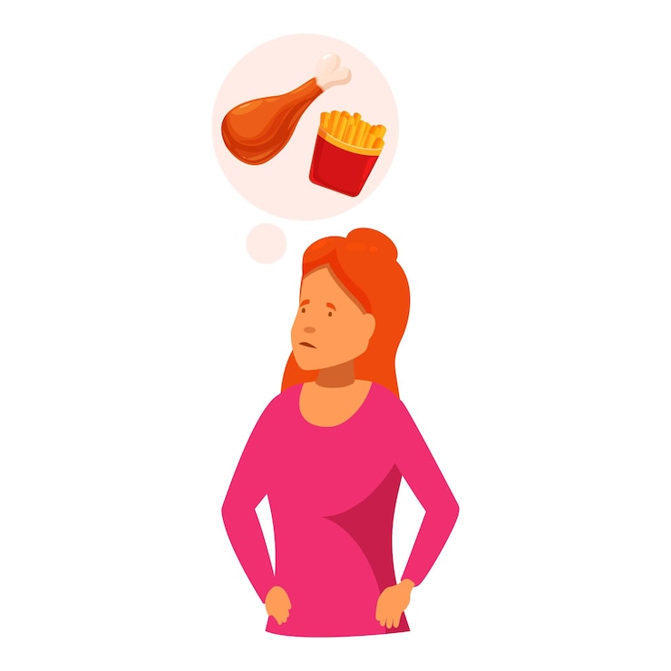 Vector la mujer está pensando en comer comida rápida no saludable y sentirse culpable
