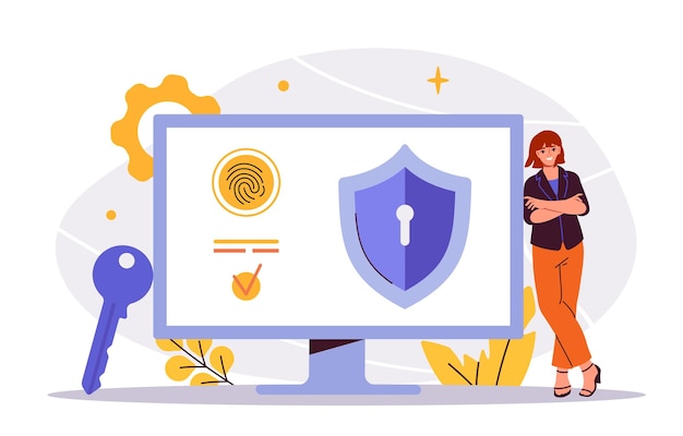 Una mujer está de pie cerca de un monitor de computadora que muestra un icono de bloqueo de escudo de huellas dactilares y seguridad