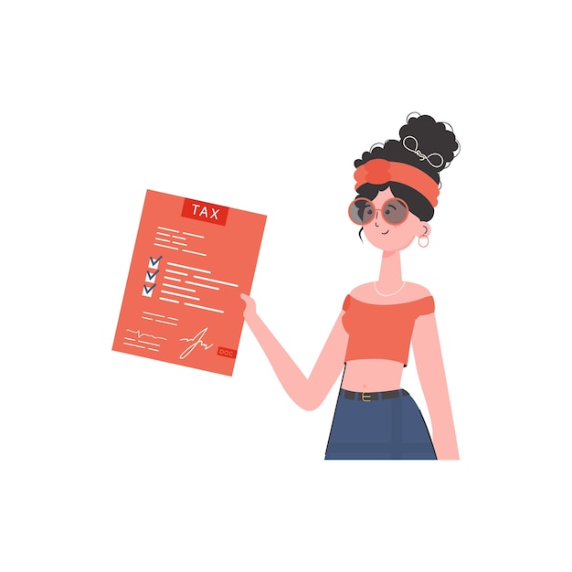 Una mujer está de pie hasta la cintura con una declaración de impuestos en sus manos Elemento aislado para presentación Ilustración vectorial