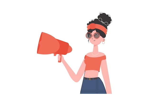 Una mujer está de pie hasta la cintura en sus manos con un megáfono Elemento aislado para la presentación Ilustración vectorial