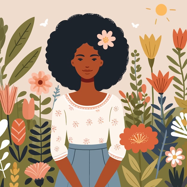 una mujer está de pie frente a las flores y una imagen de una mujer con una flor en el cabello