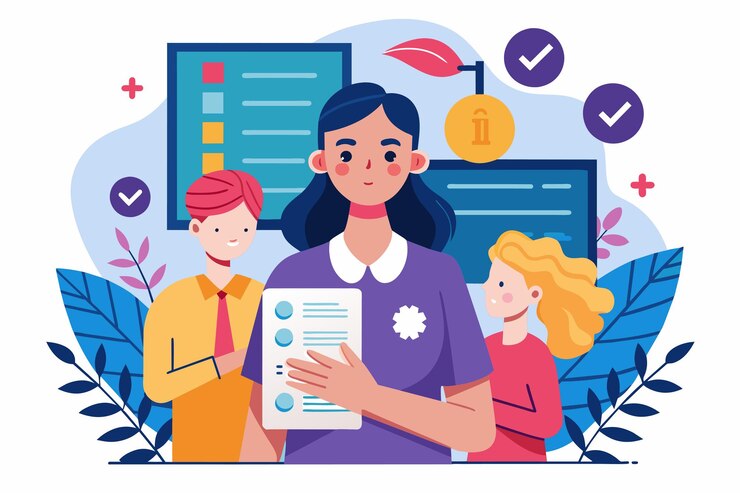 Vector una mujer está de pie frente a un grupo sosteniendo un clipboard y participando en una conversación ilustrar el concepto de segmentación de clientes en la publicidad digital